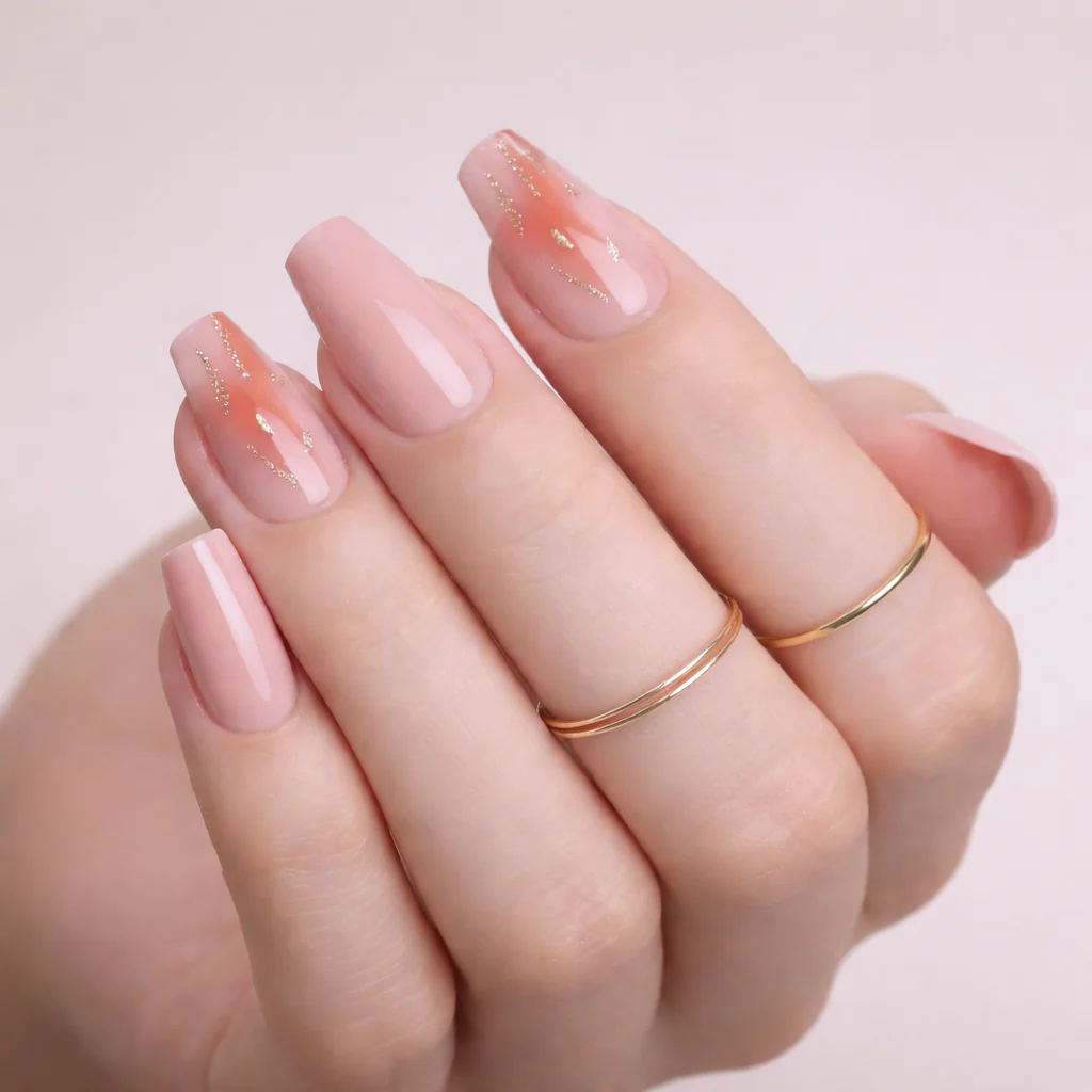 Faux Ongles Rose Nude avec Orange et Paillettes Carrés Mi-Longs