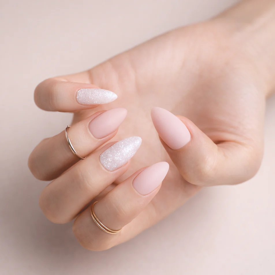 Faux Ongles Rose Mat et Blanc Pailletés Amande Mi-Longs