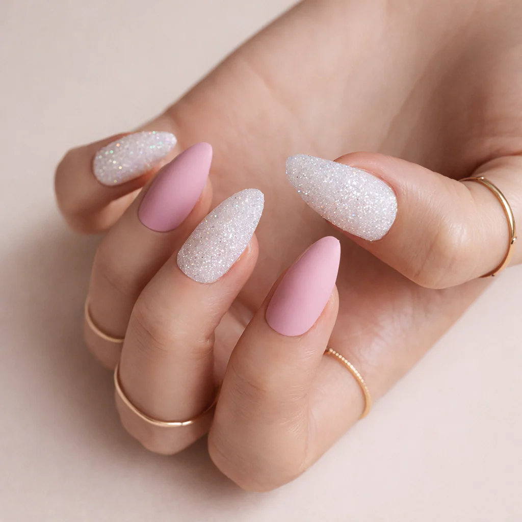 Faux Ongles Rose Mat & Blanc Pailletés Amande Mi-Longs