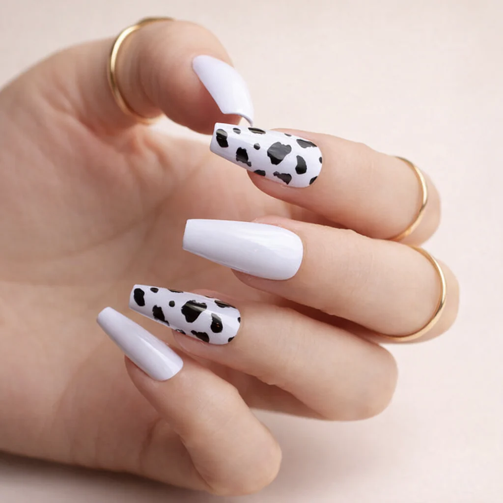 Faux Ongles Blancs et Noir Vache Ballerine Longs